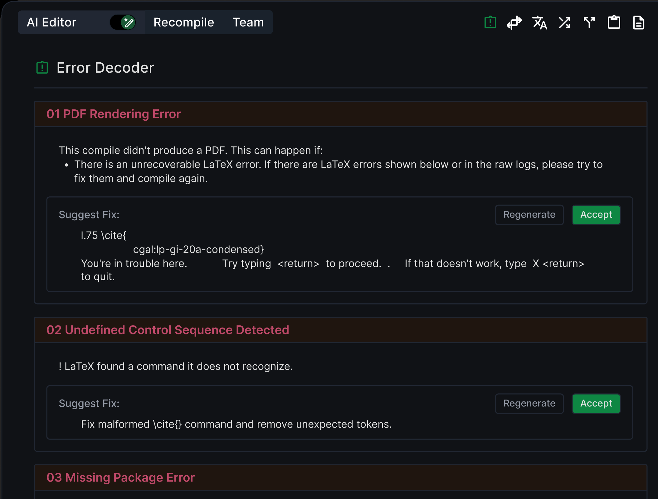 Approach 1 — AI Editor panel with Error Decoder and suggested fixes
