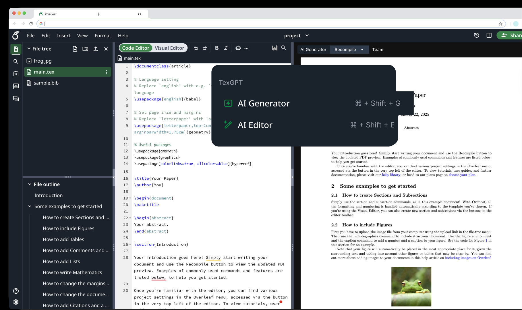 Approach 2 — TexGPT menu as a unified robot button entry point in Overleaf