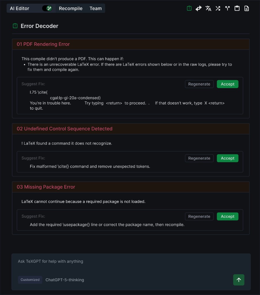Approach 1 — AI Editor panel with Error Decoder and suggested fixes
