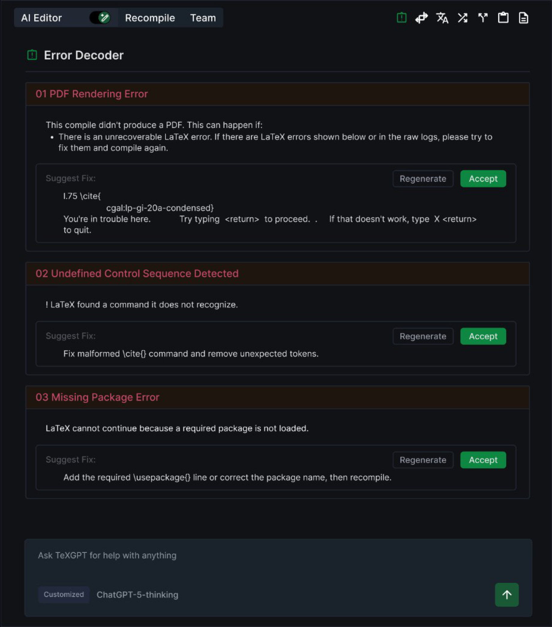 Highlight AI panel — Error Decoder with suggested fixes for LaTeX compile errors