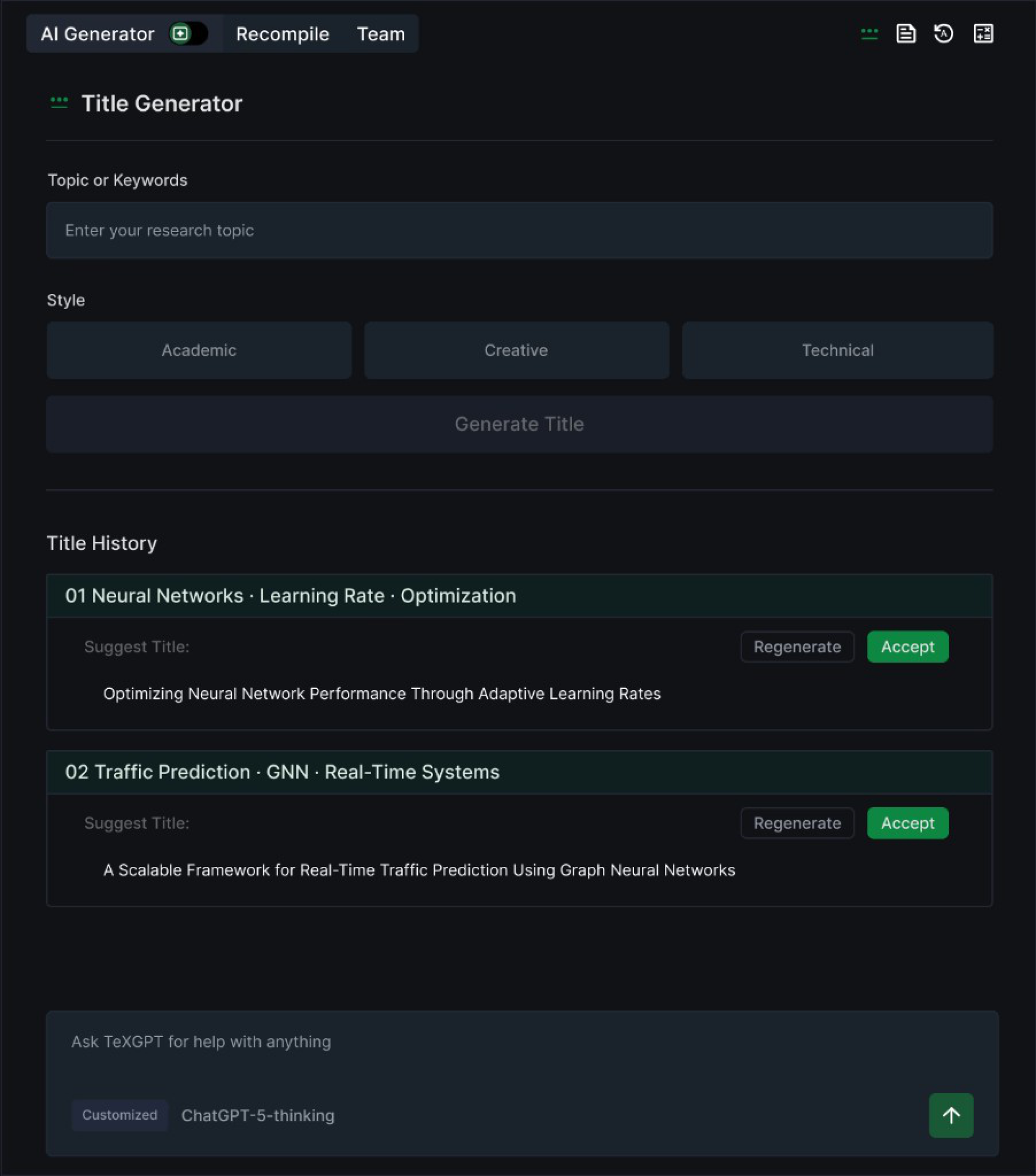 Generative AI panel — Title Generator with topic input and generated title history