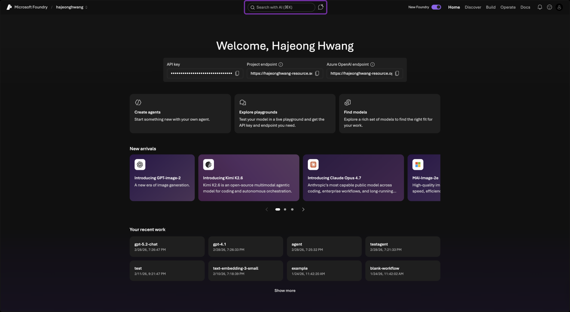 Microsoft Foundry home screen showing Search with AI and Ask AI entry points