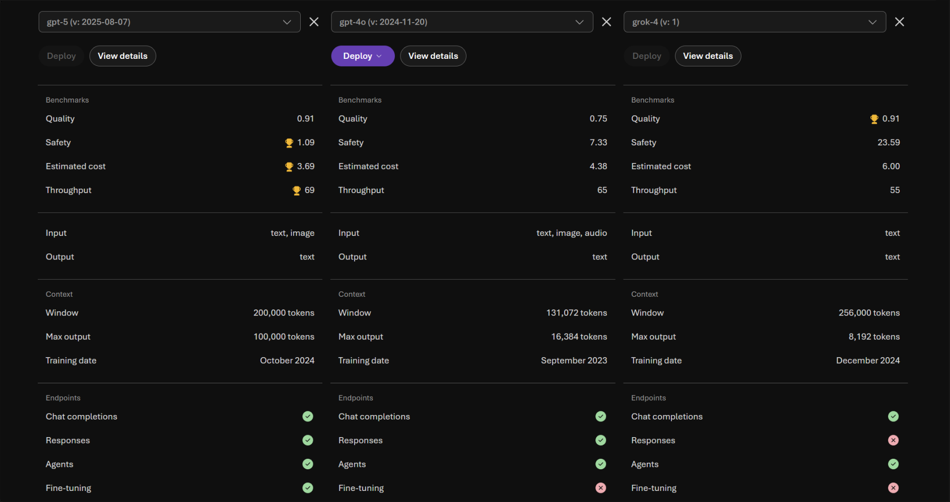 Compare Models screen showing benchmark metrics and endpoint details