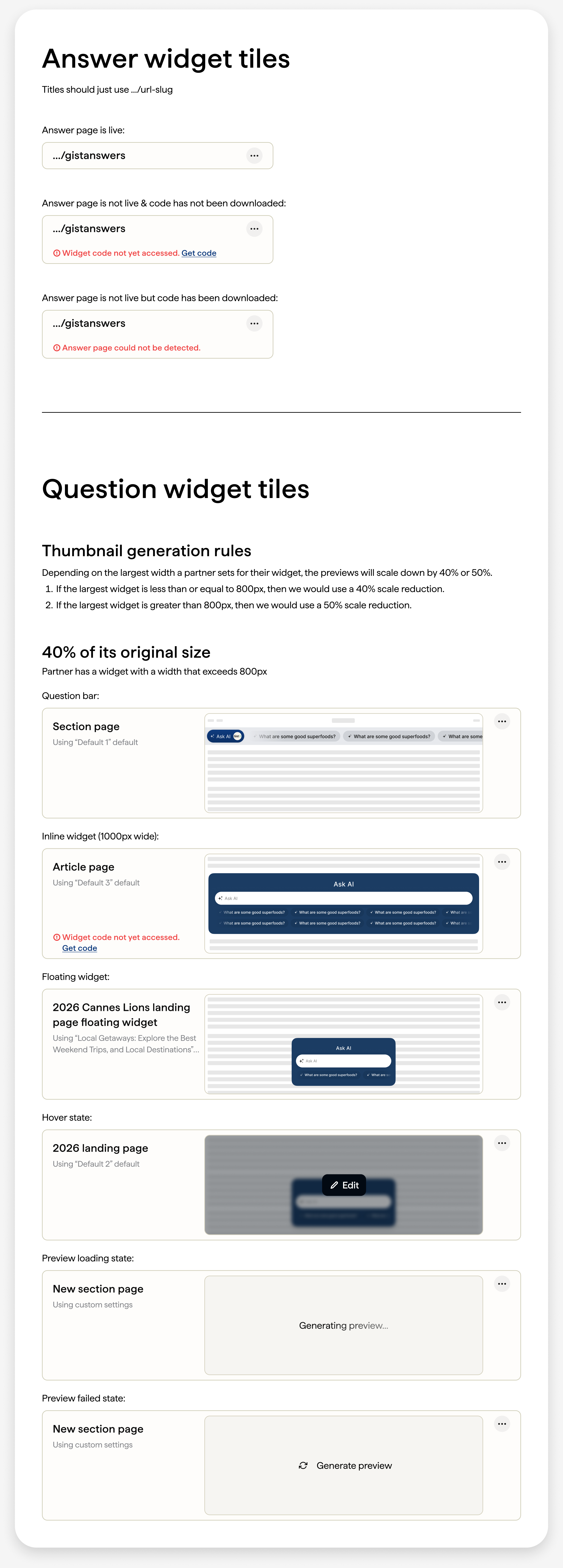 Answer and question widget tile components: answer page tiles for live, not-live, and undetected states, thumbnail generation rules, and question widget tiles for question bar, inline, floating, hover, loading, and failed preview states