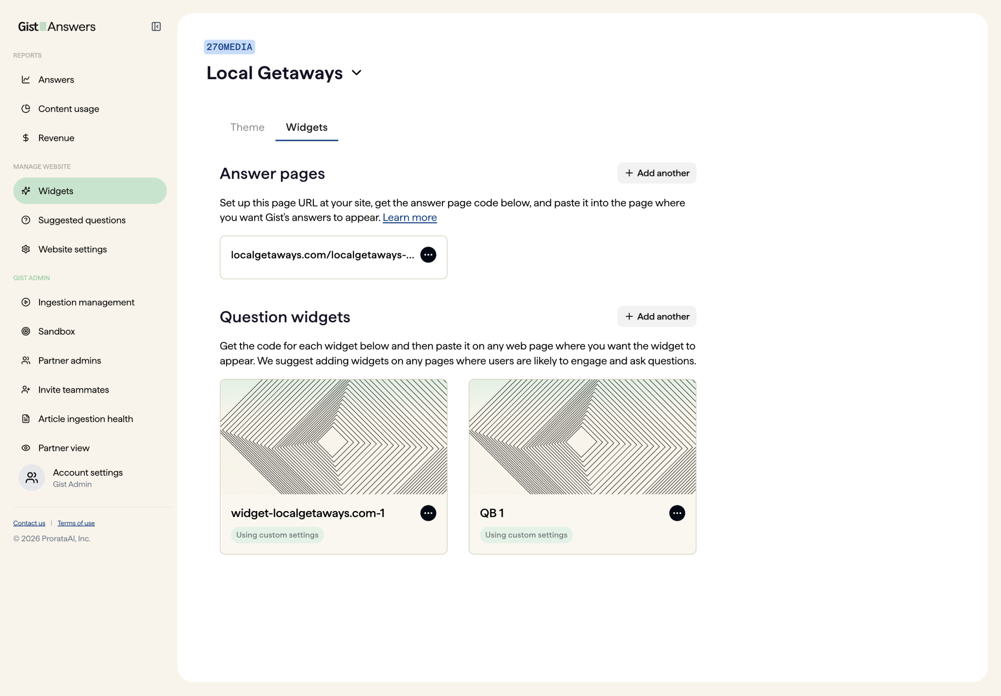 Original Widgets page in the Gist Answers console, where question widget cards show decorative line graphics instead of the actual widget