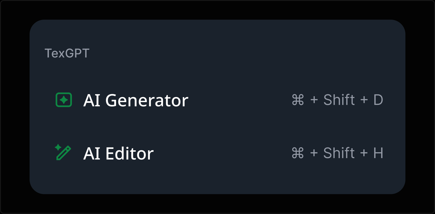TexGPT submenu with keyboard shortcuts for AI Generator and AI Editor