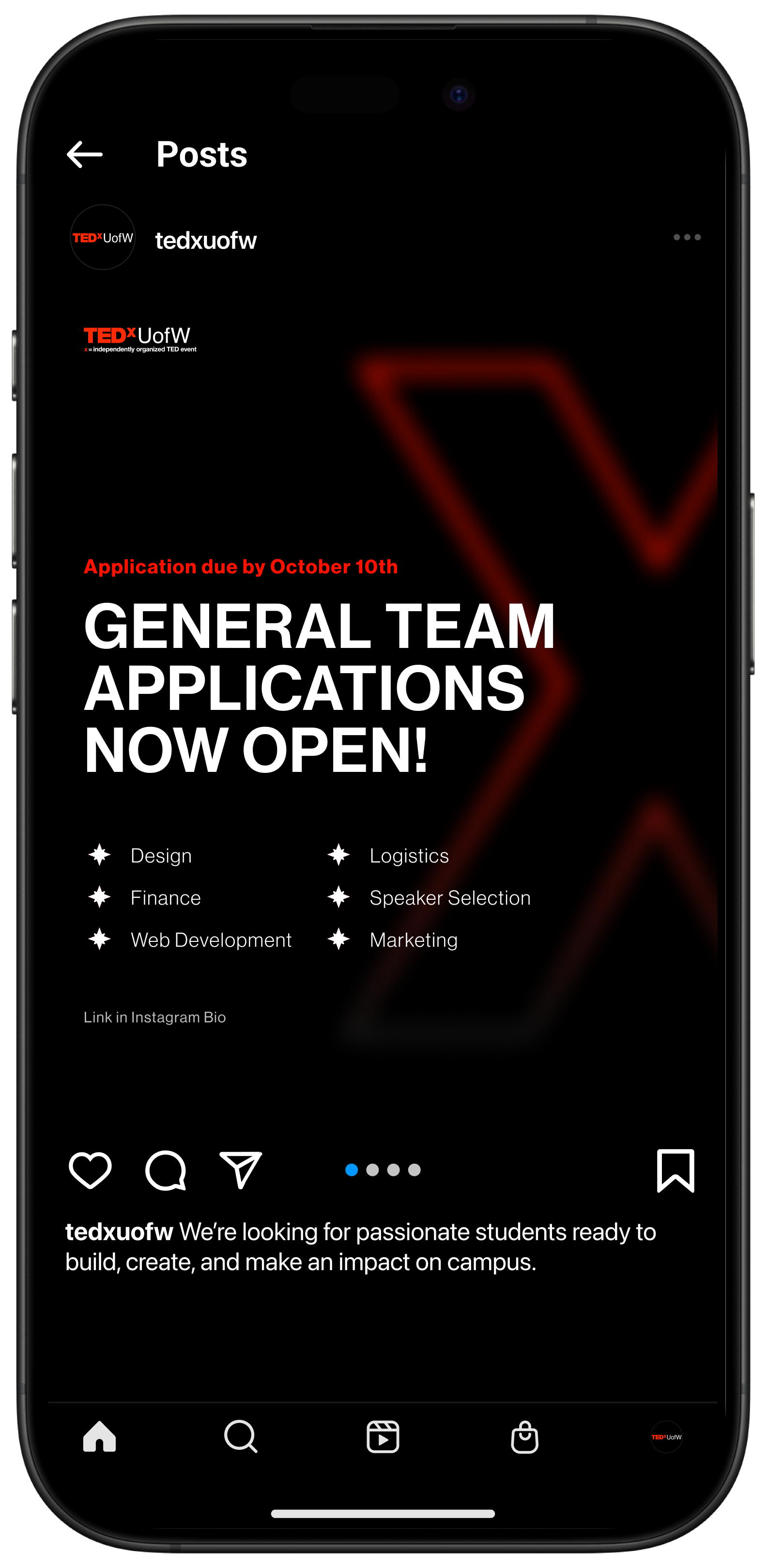 TEDxUofW speaker application Instagram mockup