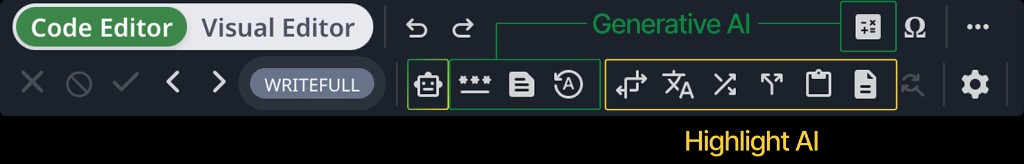 Overleaf toolbar annotated with generative AI and highlight AI groupings