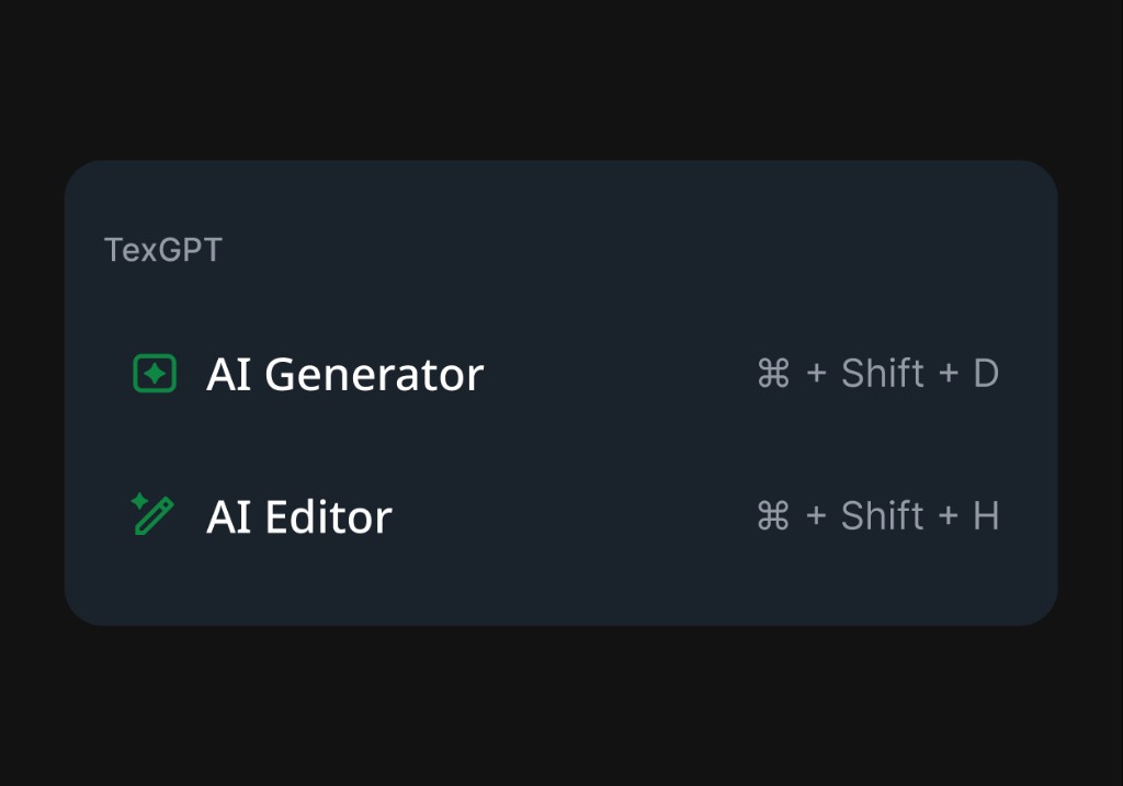 TexGPT submenu with keyboard shortcuts for AI Generator and AI Editor